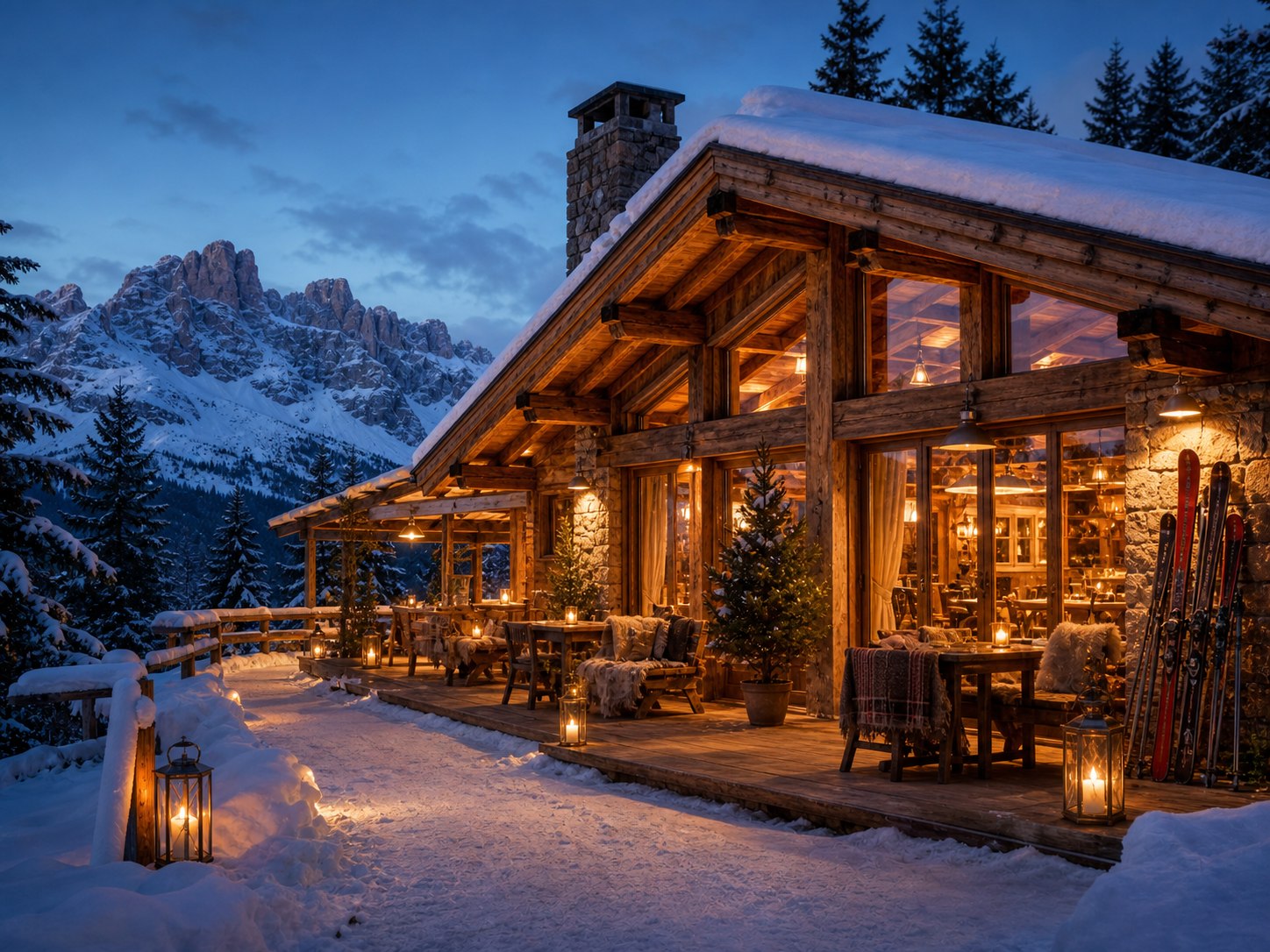 Chalet di montagna illuminato nella neve con sci appoggiati all'ingresso