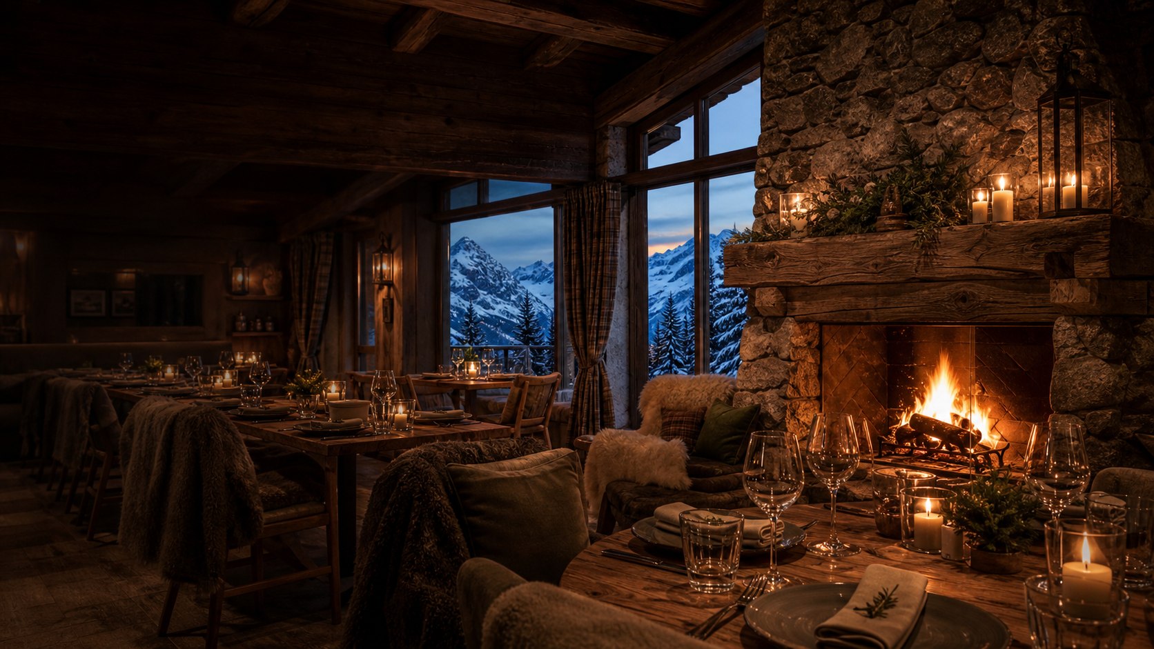 Sala in legno del Rifugio Rocca Bianca con camino acceso e montagne innevate dalle finestre