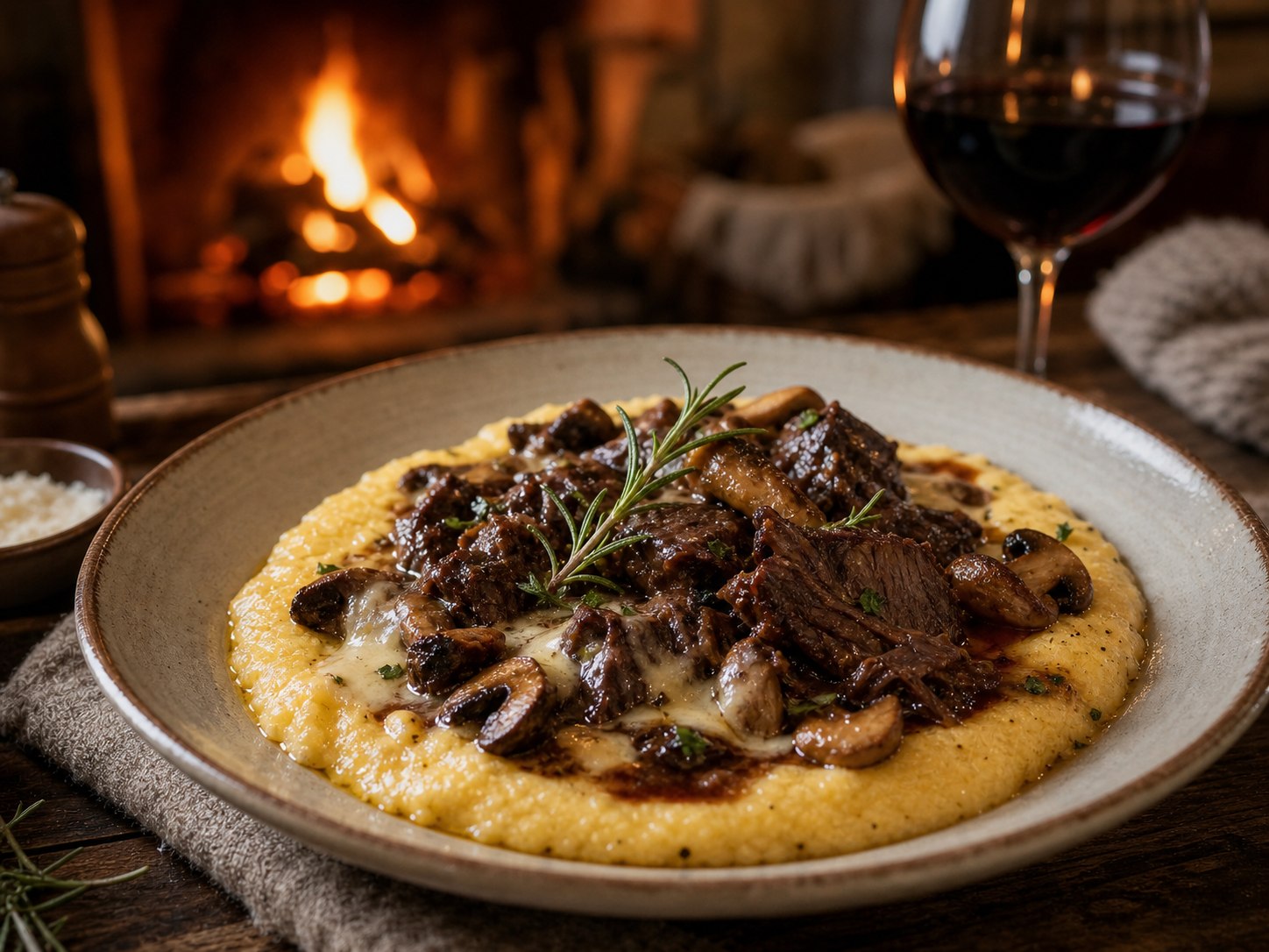 Polenta di montagna con brasato, funghi e erbe servita vicino al camino