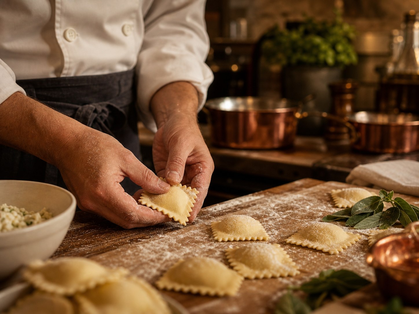 Mani dello chef che preparano pasta fresca su un banco infarinato